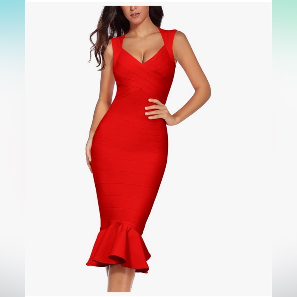 Red Sleeveless Shoulder Strap Fishtail Midi Bandage Bodycon Dress Back Zip Sz M